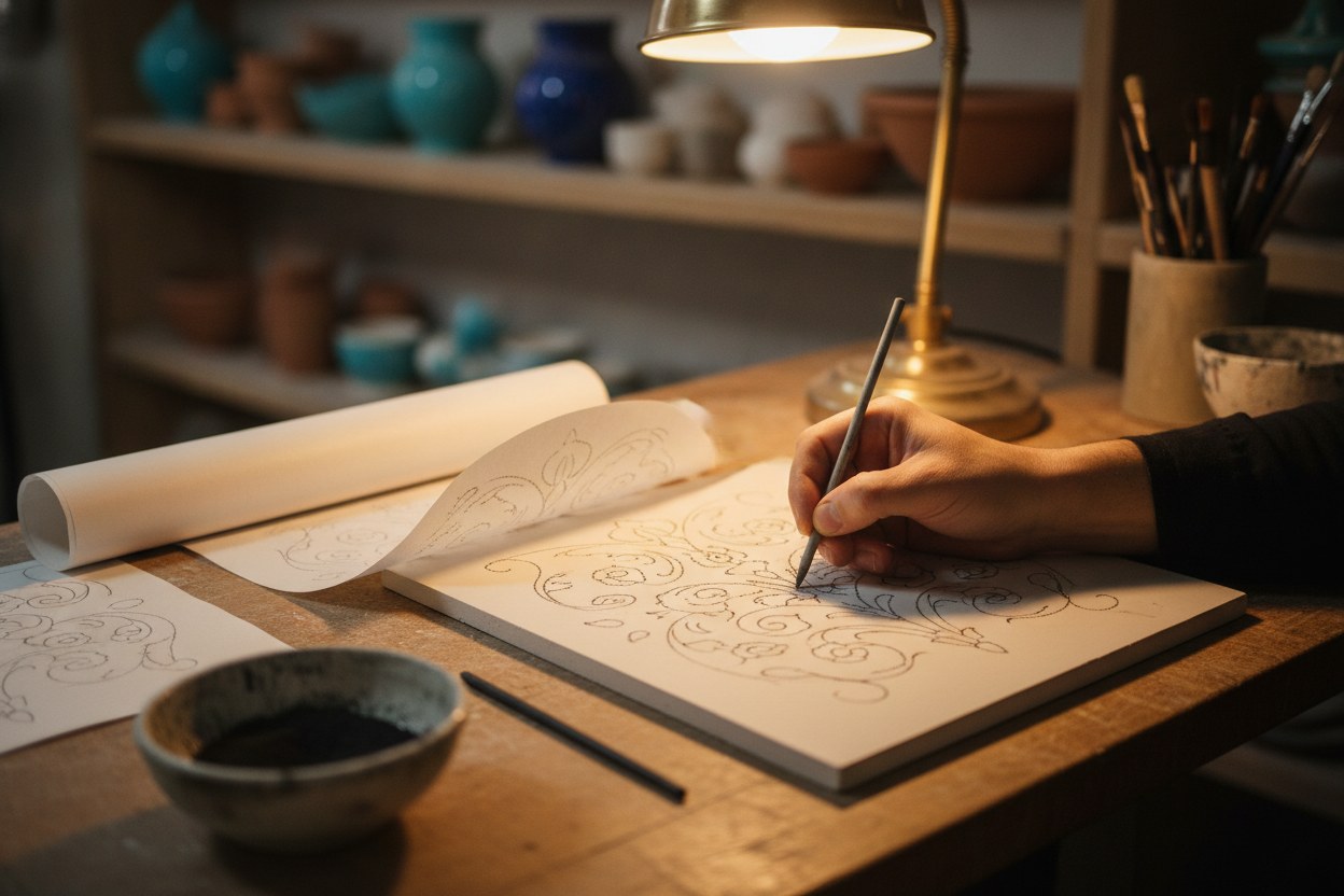 Aydınger kâğıdındaki İznik deseni kömür tozuyla beyaz çini karoya aktarılıyor