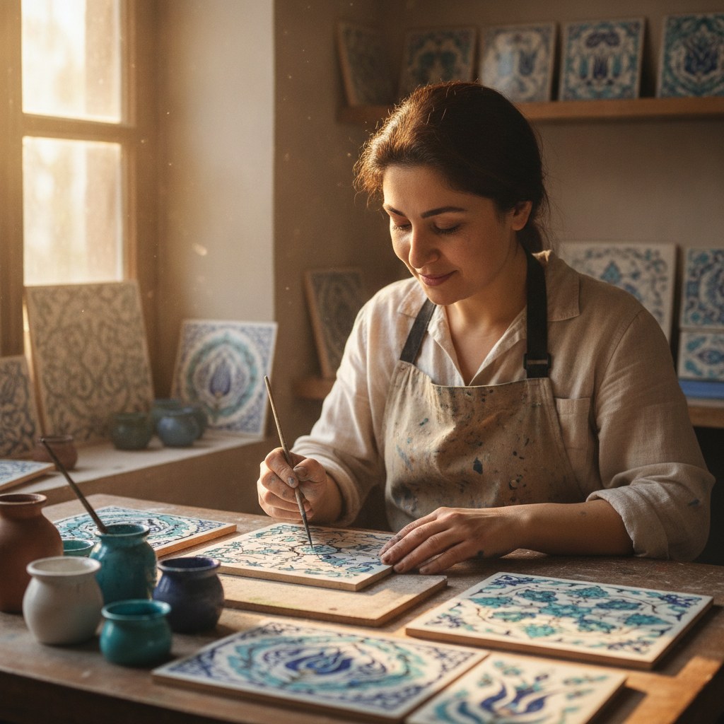 Usta Elif tezgahta ince fırçayla tahrir çizgisi çekerken